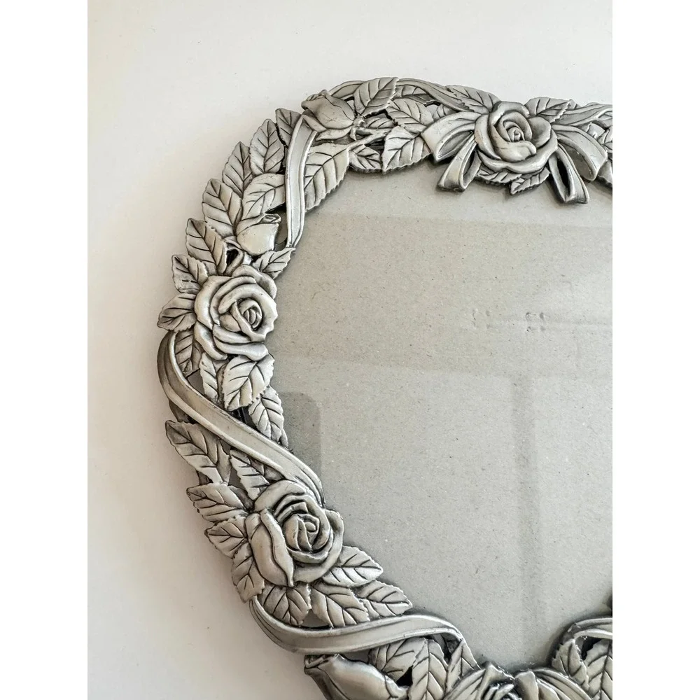 Vintage MT Heart Shaped Pewter Tone Rose Floral Ribbon Picture Frame 7.5x7.5